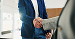 Business people, shaking hands and deal with welcome at office, success or goals at finance agency. Partnership, handshake and motivation for promotion, support or agreement at investment company