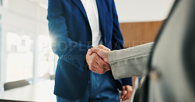 Buy stock photo Business people, shaking hands and deal with welcome at office, success or goals at finance agency. Partnership, handshake and motivation for promotion, support or agreement at investment company