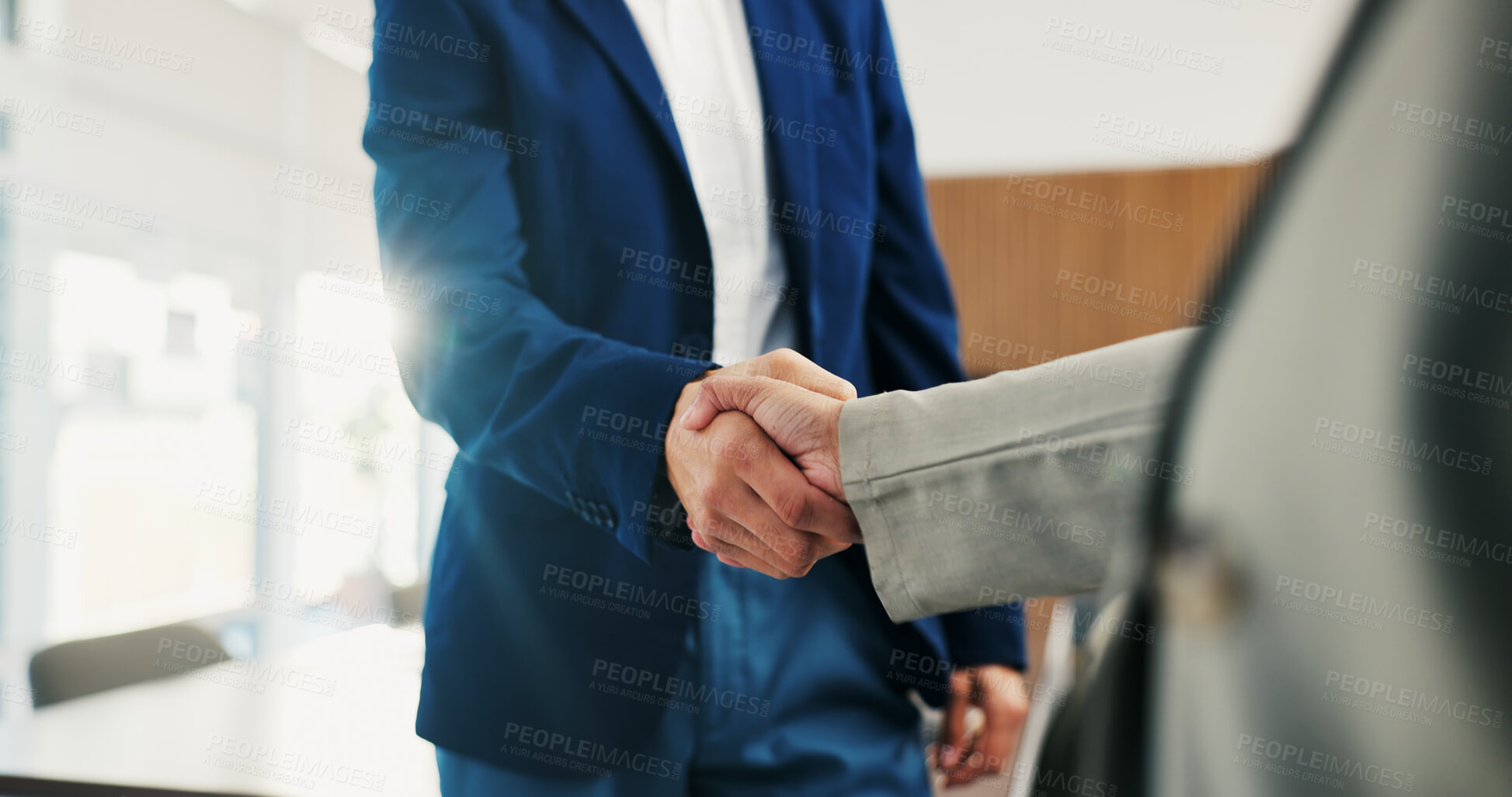Buy stock photo Business people, shaking hands and deal with welcome at office, success or goals at finance agency. Partnership, handshake and motivation for promotion, support or agreement at investment company