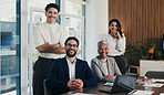 Business, team and happy with portrait in office for payroll management, career pride and about us. Accounting staff, people and smile with arms crossed for bookkeeping, audit confidence and meeting