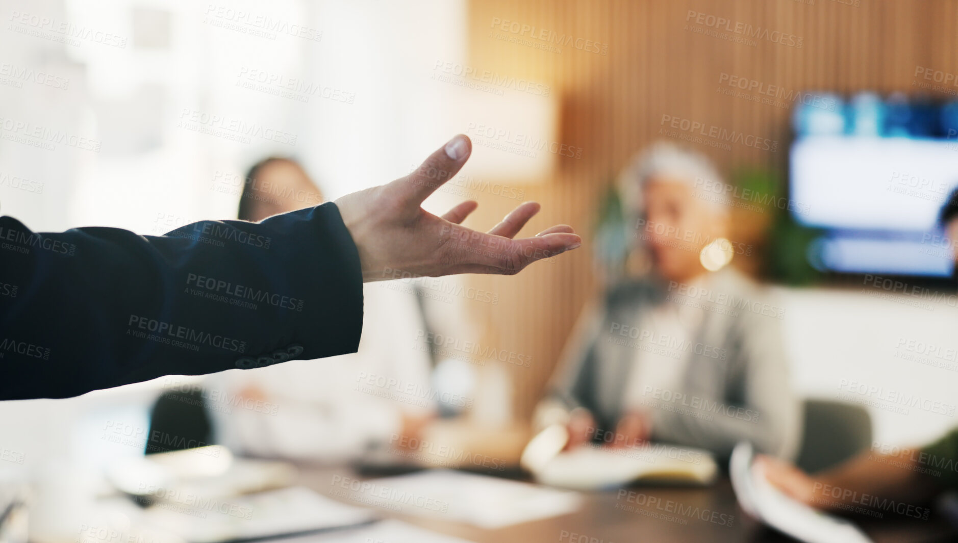 Buy stock photo Hand, presentation and business people at office meeting, explain or insight at finance company. Person, speaker and staff in boardroom for pitch, feedback and problem solving with group at agency