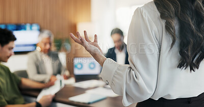 Buy stock photo Hand, presentation and business people at office meeting, charts or insight at finance company. Person, speaker and staff in boardroom for pitch, feedback and problem solving with documents at agency