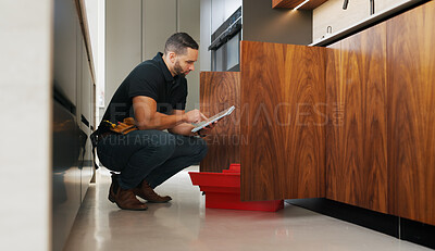 Buy stock photo Inspection, plumber and man with tablet in kitchen for pipeline maintenance or valve corrosion. Digital tech, checklist or handyman with leak report in home for filter system installation or repair