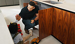 High five, toolbox and dad with girl in kitchen for bonding, support and DIY plumbing or repair. Handyman, pipe maintenance and teaching with man and daughter in family house for fixing together