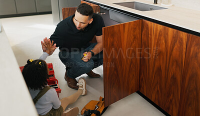 Buy stock photo High five, toolbox and dad with girl in kitchen for bonding, support and DIY plumbing or repair. Handyman, pipe maintenance and teaching with man and daughter in family house for fixing together
