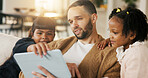 Tablet, father and happy kids in home to watch show, movie and video entertainment on sofa. Tech, dad and girls in living room for streaming film, subscription service or bonding together with parent