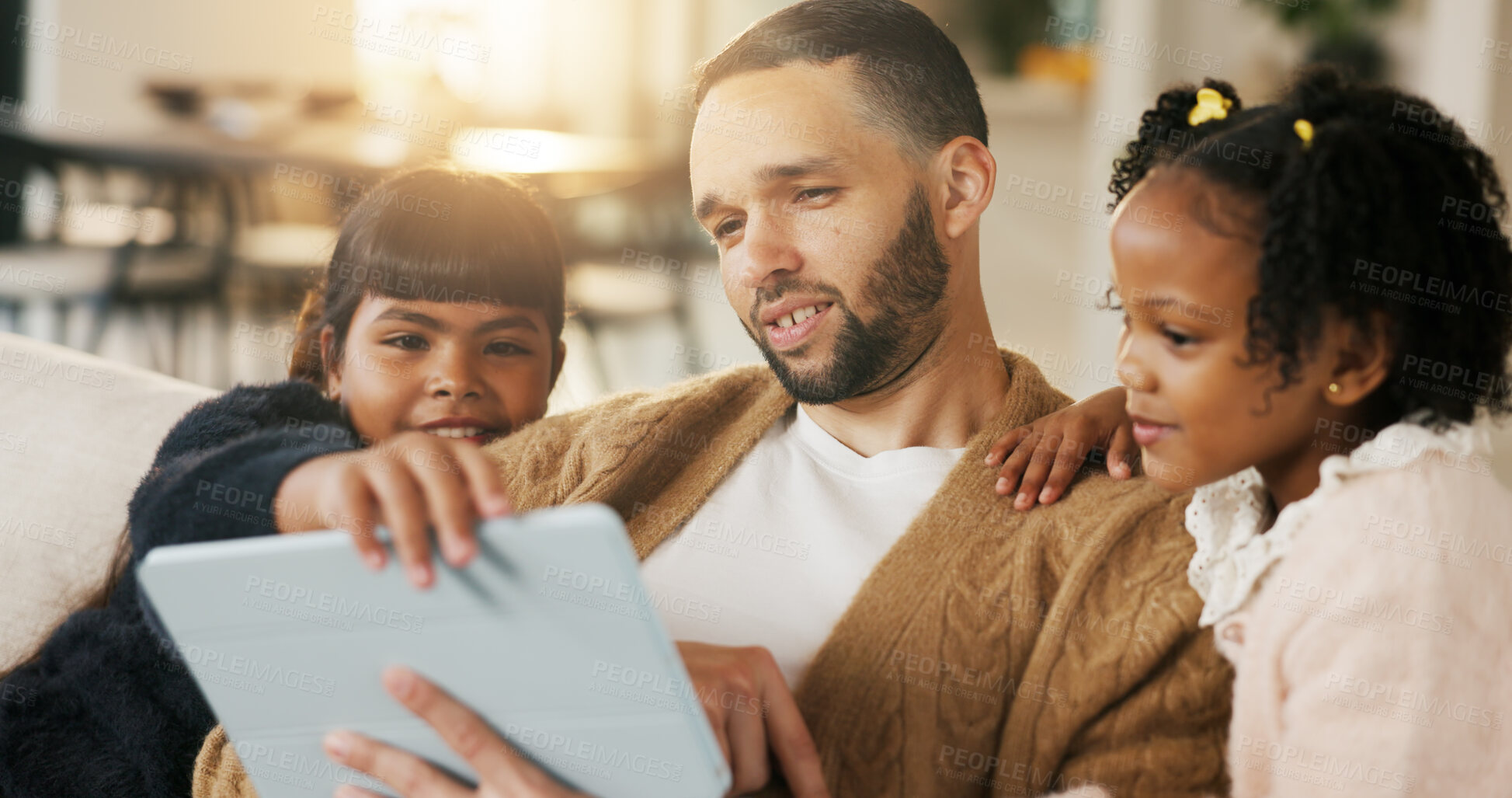 Buy stock photo Tablet, father and happy kids in home to watch show, movie and video entertainment on sofa. Tech, dad and girls in living room for streaming film, subscription service or bonding together with parent