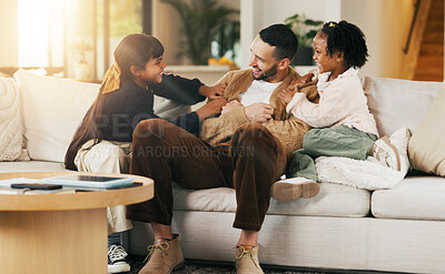 Buy stock photo Happy, children and tickle dad on sofa for bonding together, playful relationship and laughing. Love, kids and playing with father in living room for funny weekend break, support and security in home
