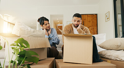 Buy stock photo Boxes, couple and tired with stress in new home for relocation fatigue, clutter overload or moving. Real estate, people and overwhelmed with items on sofa for unpacking burnout, workload or struggle