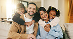 Portrait, hug and happy family with children in home for bonding, love and relax on sofa. Together, smile and people or mother and father with kids on couch for connection, weekend or holiday
