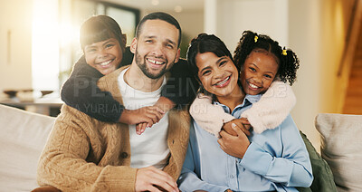 Buy stock photo Portrait, hug and happy family with children in home for bonding, love and relax on sofa. Together, smile and people or mother and father with kids on couch for connection, weekend or holiday