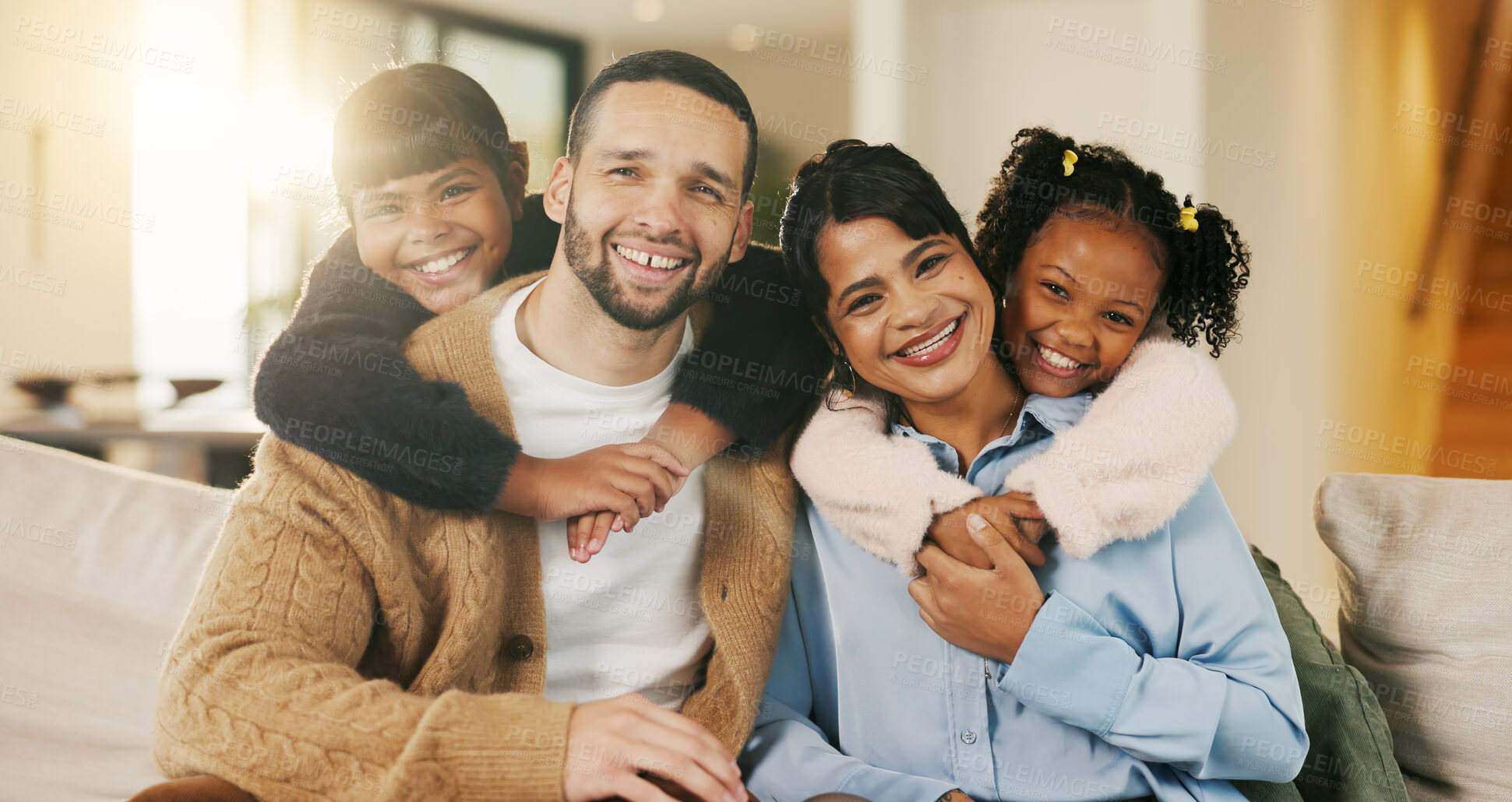 Buy stock photo Portrait, hug and happy family with children in home for bonding, love and relax on sofa. Together, smile and people or mother and father with kids on couch for connection, weekend or holiday