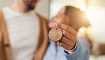 Real estate, couple and hand in home with key, fresh start and investment in dream house. Property, flare and people with purchase together, housing success or moving achievement for new homeowners.