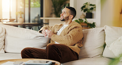 Buy stock photo Happy man, relax and daydream with coffee in lounge, chill and comfortable on weekend or reflection. Thinking, person and smile with good memory, nostalgia and thoughtful with caffeine drink in house