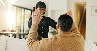 Buy stock photo Dad, daughter and high five in living room with smile, support and encouragement for child development. Father, girl kid and celebration in home with trust, family connection or motivation for growth