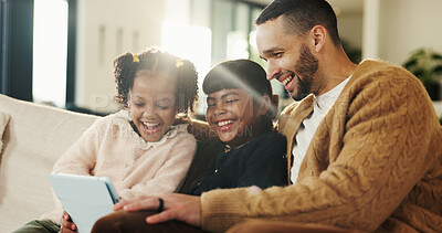 Buy stock photo Video game, dad or children in house with tablet, playing together or good time in digital contest. Laugh, flare or happy family in lounge with tech, bonding or fun competition in virtual activity.