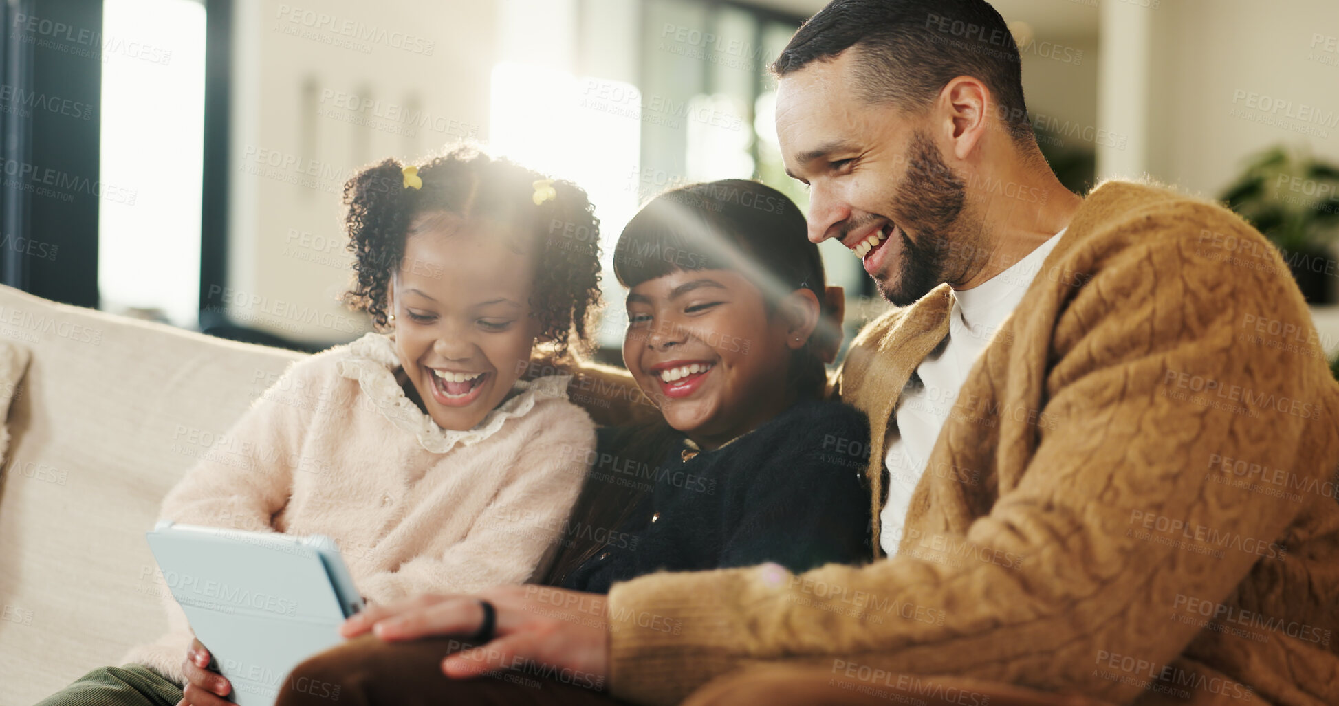 Buy stock photo Video game, dad or children in house with tablet, playing together or good time in digital contest. Laugh, flare or happy family in lounge with tech, bonding or fun competition in virtual activity.