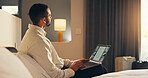 Thinking, businessman and research on laptop screen in hotel, travel and investment banker with idea. Motel, guest and person with tech for business development, planning and reflection on work trip