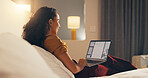 Remote work, review or woman in hotel with laptop, proofreading or novel edit in freelancing. Digital nomad, smile or author in resort with tech, manuscript draft or chapter plan in story development