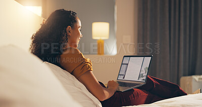 Buy stock photo Remote work, review or woman in hotel with laptop screen, proofreading or novel edit in freelancing. Digital nomad, smile or author with tech, manuscript draft or chapter plan in story development.