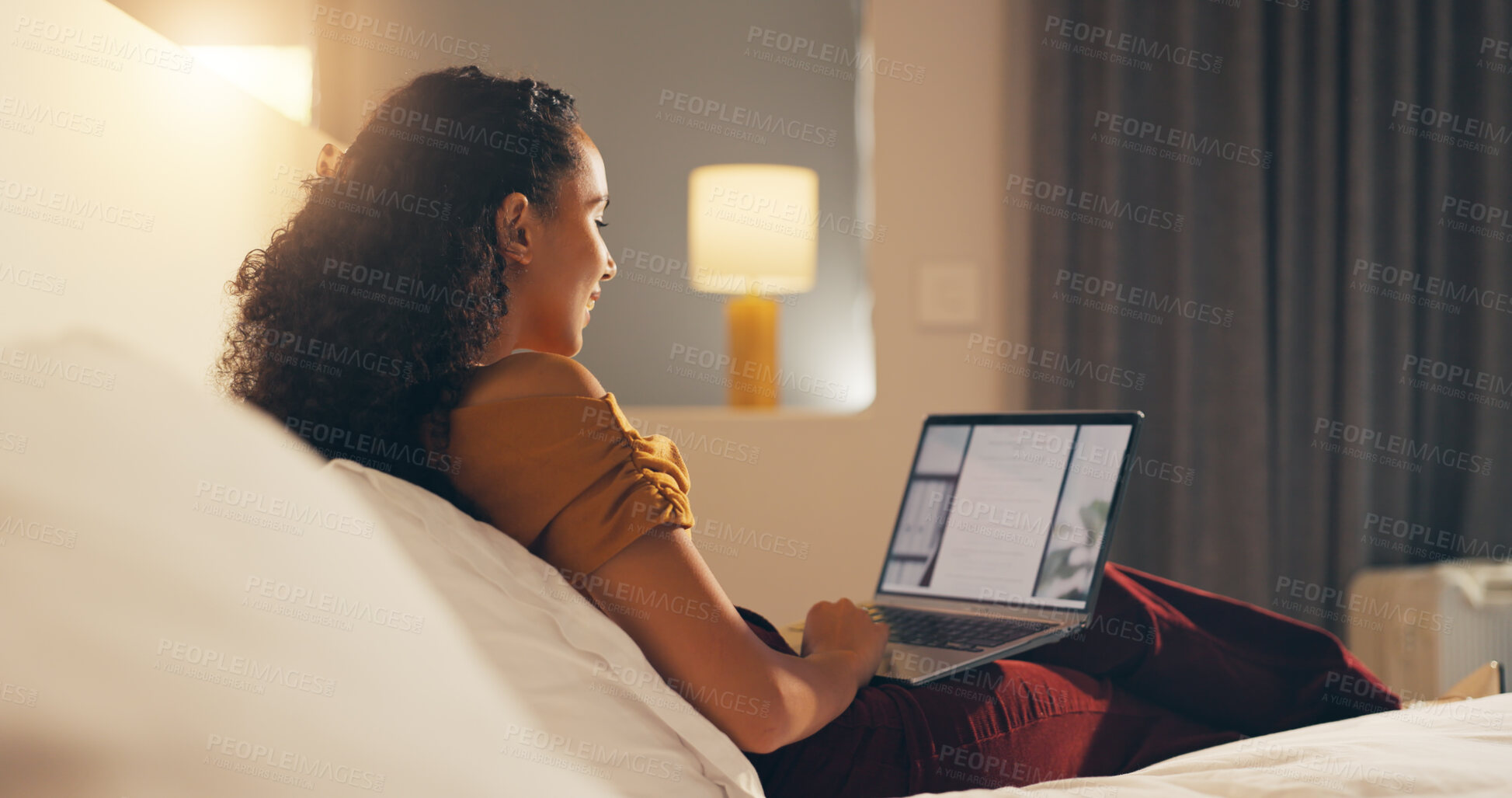 Buy stock photo Remote work, review or woman in hotel with laptop screen, proofreading or novel edit in freelancing. Digital nomad, smile or author with tech, manuscript draft or chapter plan in story development.
