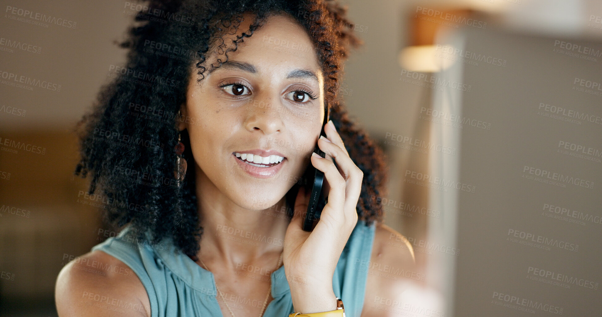 Buy stock photo Review, computer or businesswoman with phone call in office, plan viewing date or seller negotiation. Listing update, inquiry or realtor with client feedback, property offer or tech for schedule
