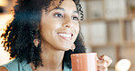 Happy, woman and thinking in office with coffee, creative inspiration and marketing idea at night. Late, female person and smile in business with tea, reflection or perspective for advertising agency