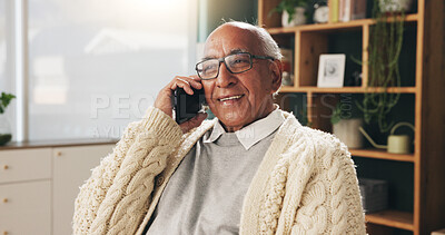 Buy stock photo Phone call, conversation and old man in home for communication or thinking of contact. Happy, relaxed and senior person with mobile discussion for pension question, connection or interaction