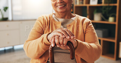 Buy stock photo Cane, hands and smile of old woman in home living room for assistance, balance or retirement. Healthcare, senior or walking stick and happy person with disability in apartment for break or relax