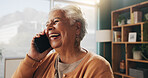 Funny, phone call and senior woman in home for communication, news or connection in retirement. Mobile, elderly person and talking to contact for story, joke and laughing with gossip at apartment