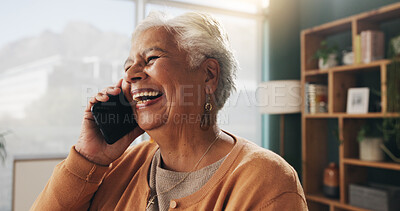 Buy stock photo Funny, phone call and senior woman in home for communication, news or connection in retirement. Mobile, elderly person and talking to contact for story, joke and laughing with gossip at apartment