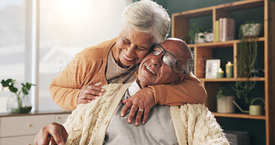 Buy stock photo Old couple, relax and hug with smile in house, retirement or laugh with partner on weekend in lounge. Senior people, embrace and comfortable with spouse, love and happy for affection in living room