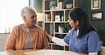 Conversation, checkup and nurse with senior woman in retirement home for explaining medical diagnosis. Healthcare, support and caregiver with elderly patient for consultation at nursing facility.