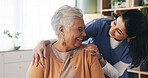 Home, nurse and senior woman with talking, funny conversation or support for wellness. Caregiver, retirement and elderly patient with smile for friendly discussion, health or medical service