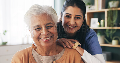 Buy stock photo Portrait, nurse or old woman with smile in nursing home, senior care or trust for retirement wellness. Happy, caregiver or elderly person with support for connection, assisted living or bonding