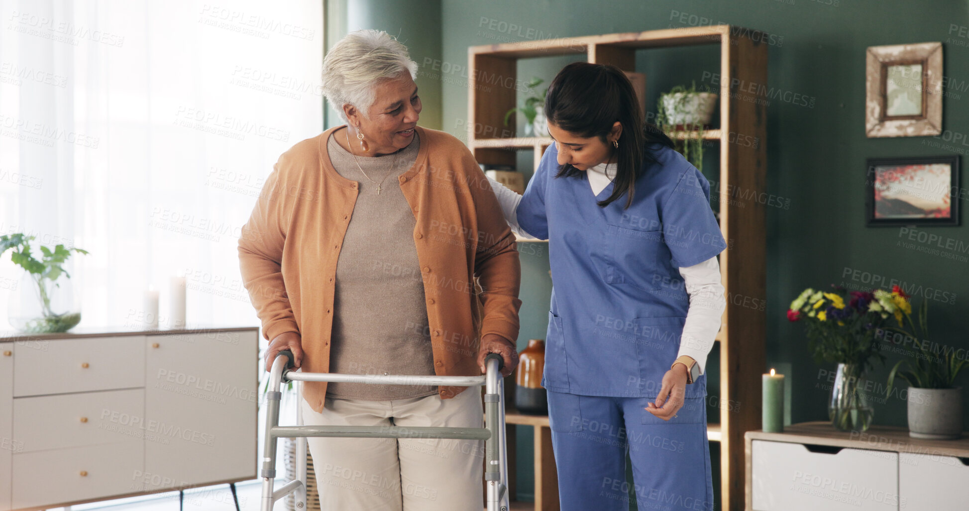 Buy stock photo Help, nurse and old woman with walker, health and conversation for recovery progress in home. Caregiver, wellness and senior person with disability, mobility support or walking frame for retirement