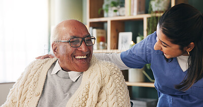 Buy stock photo Home, nurse and old man with happy conversation, funny chat and support for wellness or health. Caregiver, retirement and elderly patient with smile for friendly discussion, help and medical service