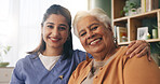 Portrait, caregiver or old woman with hug in nursing home, senior care or trust for emotional support. Smile, nurse or elderly person with embrace for retirement wellness, assisted living or bonding