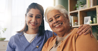 Buy stock photo Portrait, caregiver or old woman with hug in nursing home, senior care or trust for emotional support. Smile, nurse or elderly person with embrace for retirement wellness, assisted living or bonding