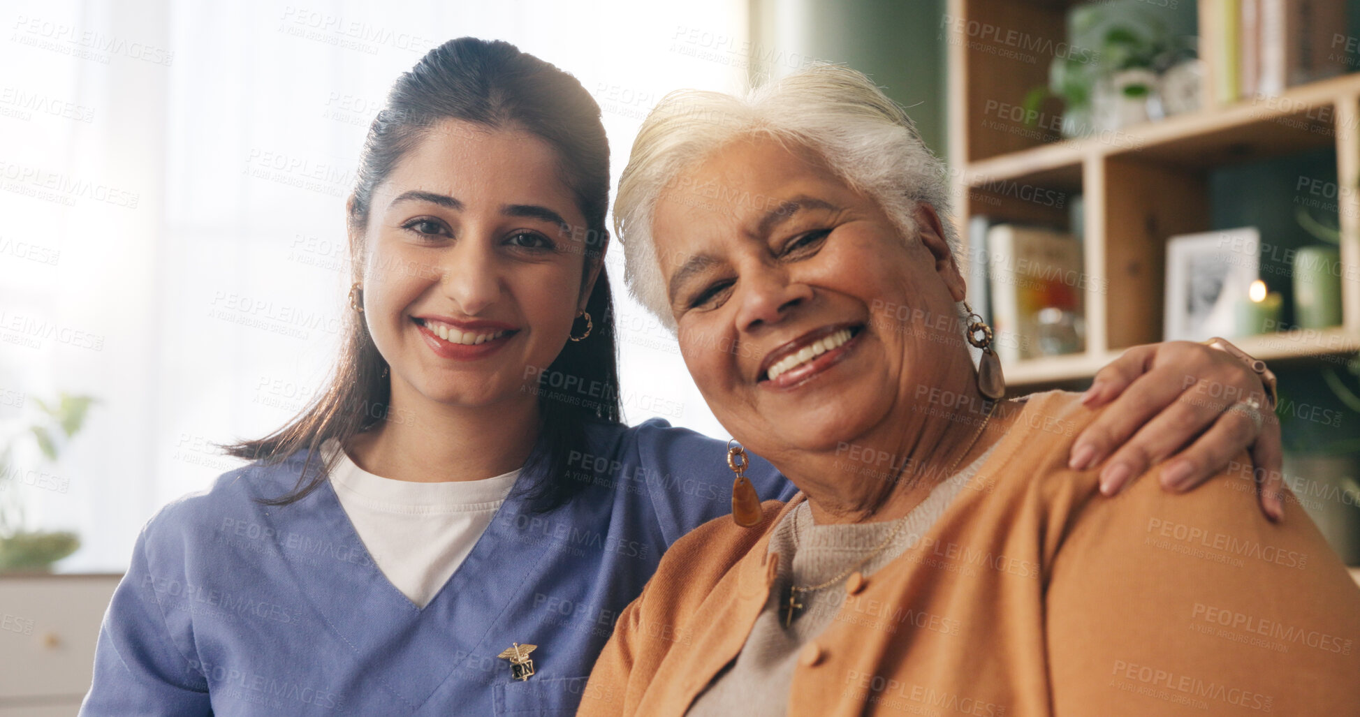 Buy stock photo Portrait, caregiver or old woman with hug in nursing home, senior care or trust for emotional support. Smile, nurse or elderly person with embrace for retirement wellness, assisted living or bonding