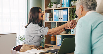 Buy stock photo Consulting, healthcare and physiotherapist shaking hands with senior couple in clinic for appointment. Handshake, medical and thank you for happy chiropractor in office for checkup with old people