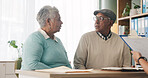 Office, paperwork or old couple with consultant for discussion, will planning or beneficiary update. Talking, insurance agent or senior people with power of attorney contract, policy help or advice