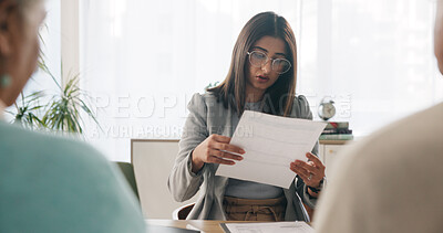 Buy stock photo Businesswoman, talk and document in consultation with people, advice or risk assessment for insurance. Person, client and paperwork in office with meeting, review finance and report for policy claim.