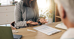 Office, hands or old couple with consultant for discussion, will planning or beneficiary agreement. Talking, insurance agent or senior people with power of attorney contract, policy help or advice