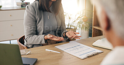 Buy stock photo Office, hands or old person with consultant for discussion, will contract or asset list for beneficiary. Appointment, lawyer or people with power of attorney agreement, laptop or retirement planning