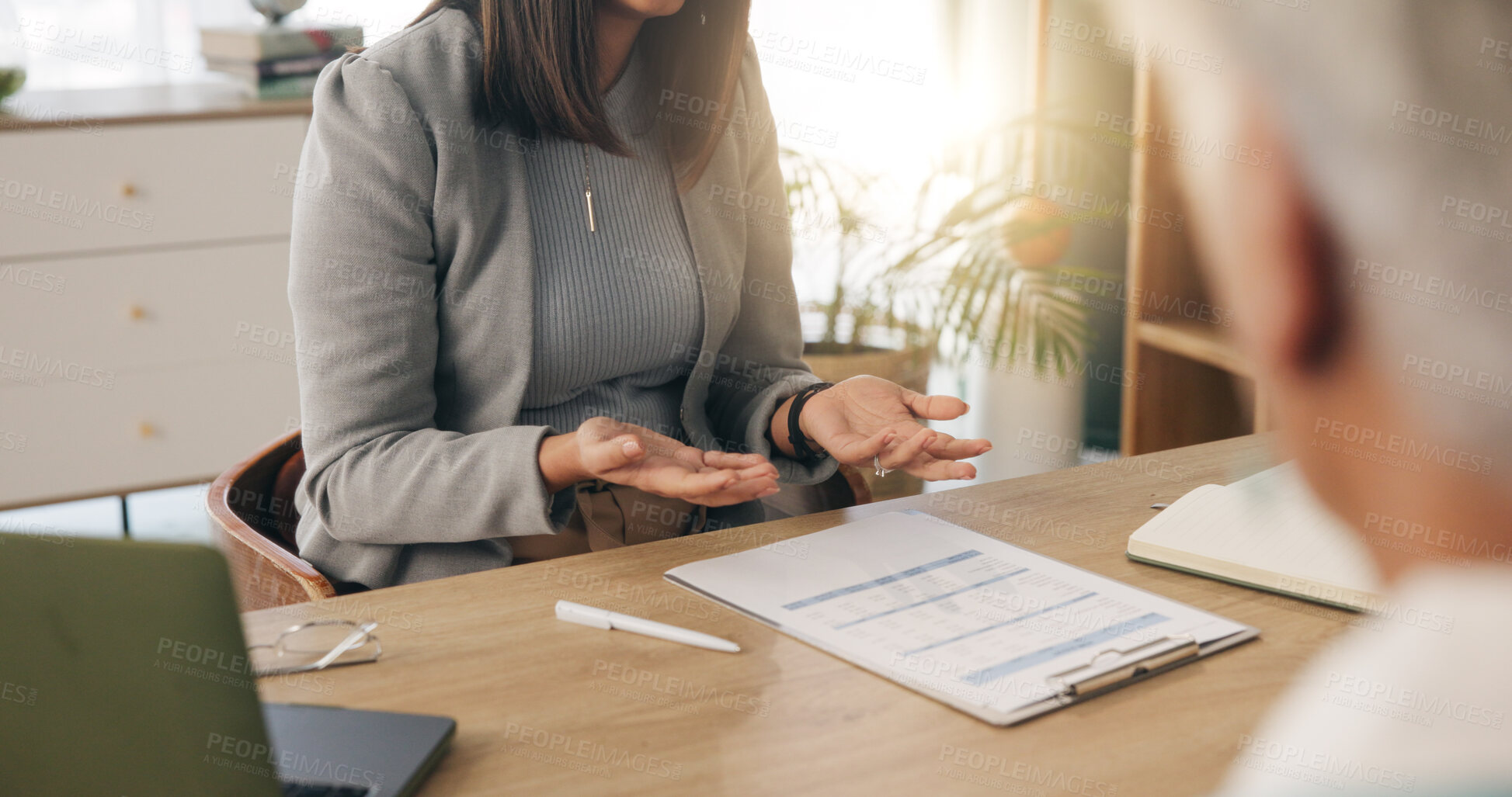 Buy stock photo Office, hands or old person with consultant for discussion, will contract or asset list for beneficiary. Appointment, lawyer or people with power of attorney agreement, laptop or retirement planning