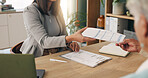 Hands, document or old couple with consultant in office, will contract or asset list for beneficiary. Appointment, lawyer or people with agreement for power of attorney, laptop or retirement planning