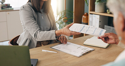 Buy stock photo Hands, document or old couple with consultant in office, will contract or asset list for beneficiary. Appointment, lawyer or people with agreement for power of attorney, laptop or retirement planning
