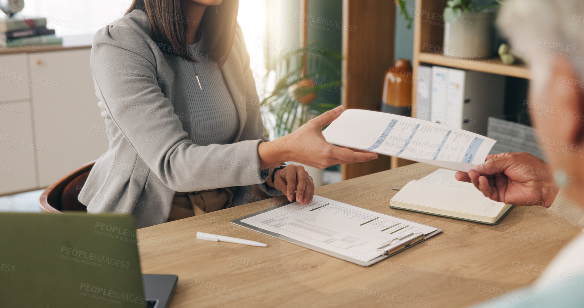 Buy stock photo Hands, document or old couple with consultant in office, will contract or asset list for beneficiary. Appointment, lawyer or people with agreement for power of attorney, laptop or retirement planning