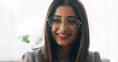 Buy stock photo Smile, thinking and business woman in office for reflection, real estate and property plan. Realtor, vision or ideas for project brainstorming, resale opportunity and listing solution of auction